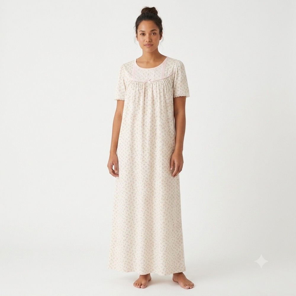 Fundamentals Nightgown Women Medium Cream Pink Floral Lace Cotton Short Sleeve